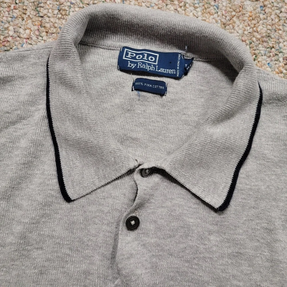 Polo Ralph Lauren Knit Polo Shirt Men Large Gray Pima Cotton Long Sleeve Vintage